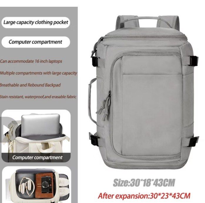 gray backpack Waterproof Travel Laptop Backpack with USB Port (Category: Backpacks) located in Manila. Submitted by _khaori (Listing ID 1465848820, Image 1). Description: - Multi-functional travel backpack crafted from durable, wear-resistant Oxford fabric - Dedicated padded compartment fits up to 16-inch laptops safely - Separate clothing storage section and convenient side cup holders - Expandable capacity design with secure buckle straps - Bre