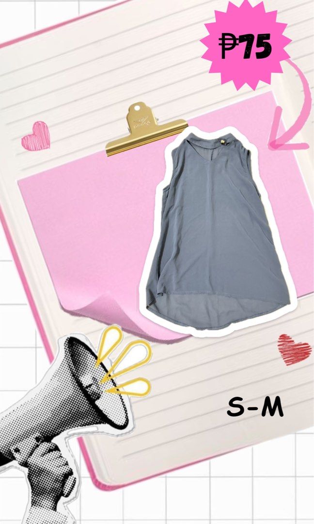 Gray sleeveless high-low blouse S-M (Category: Sleeveless) located in Echague. Submitted by reniellarose (Listing ID 1465854114, Image 1). Description: - Color: Gray - Style: Sleeveless V-neck blouse with a gold button accent - Cut: High-low hemline (longer in the back) - Material: Lightweight and comfortable fabric - Fit: Fits Size S to M comfortably - Versatility: Easy to pair with skirts or pants - Condition: Brand new/Excellent (Ready to ship