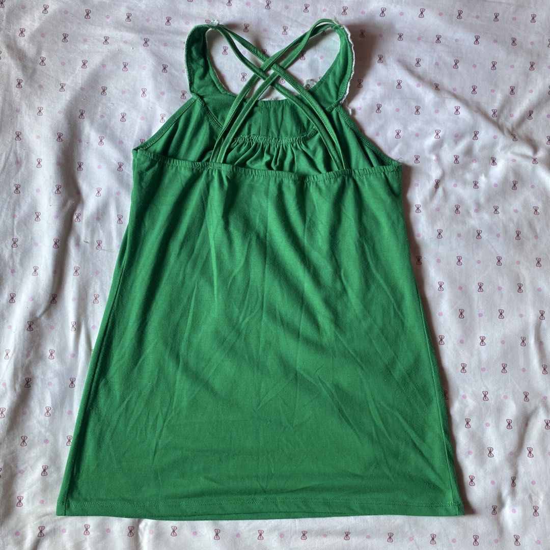 Green Tank Top with Sequin Halter Neck (Category: Sleeveless) located in Abulug. Submitted by dear_darlingdoll (Listing ID 1465876464, Image 3). Description: Bright green sleeveless top with lots of sparkly silver sequins around the collar. Criss-cross straps in the back, pleated neckline. Soft stretchy fabric. Fun piece for parties, festivals, or going out. Easy to throw on with jeans or a skirt..