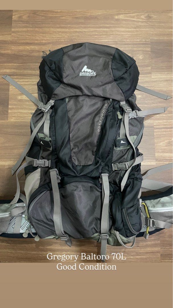 Gregory Baltoro 70L Backpack (Category: Backpacks) located in Bacolod City. Submitted by jmcercado (Listing ID 1465926207, Image 1). Description: - Brand: Gregory Baltoro - Capacity: 70 Liters - Color: Dark grey and black - Features: Large main compartment, multiple compression straps, top lid pocket - Comfort: Thick padded hip belt and fully adjustable harness system for heavy loads - Condition: Sturdy construction, trail-ready for multi-day bac