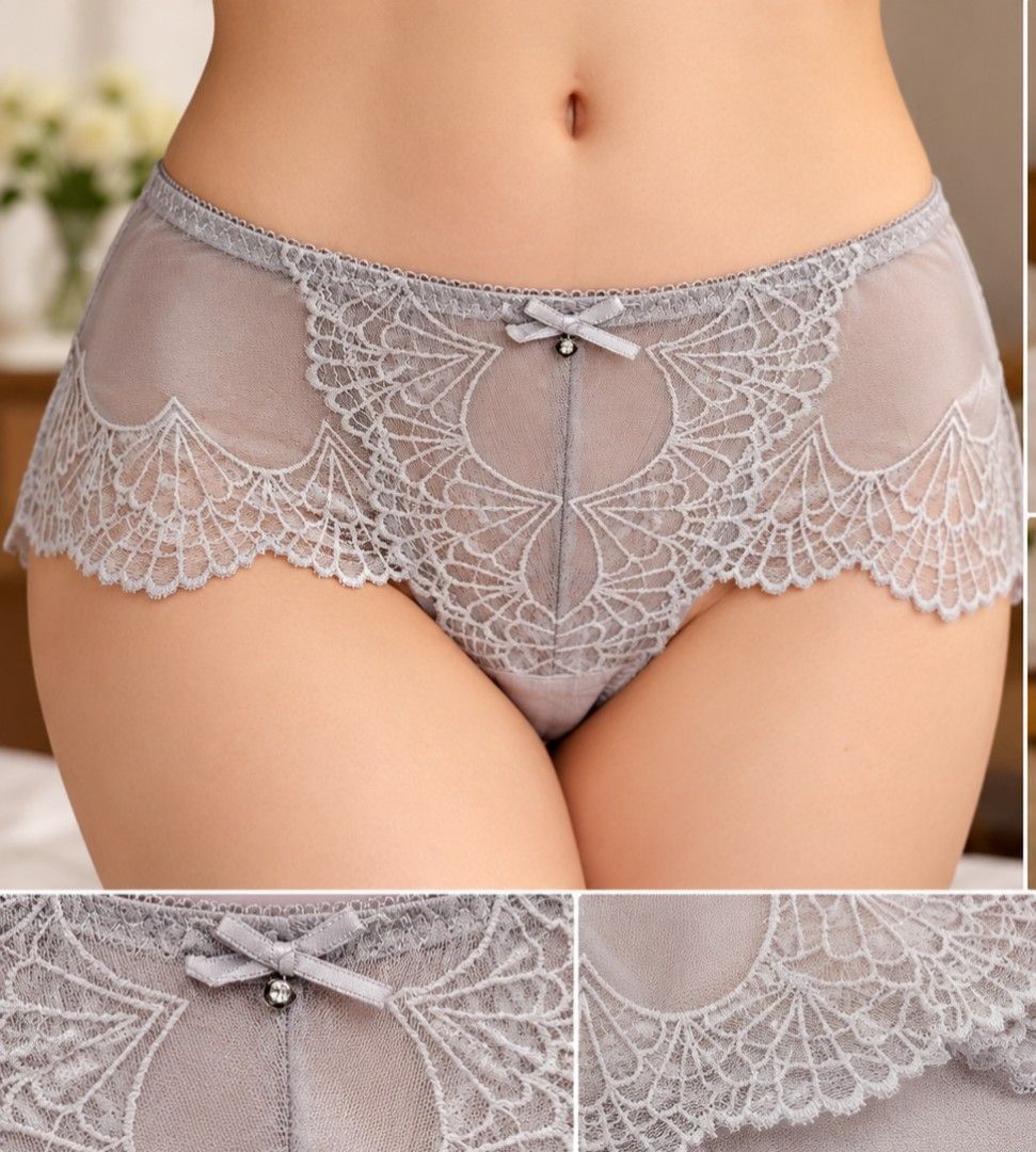 Grey Lace Sheer Briefs Intimates Underwear Medium (Category: Undergarments & Loungewear) located in Rizal. Submitted by etcthings (Listing ID 1465886142, Image 1). Description: - Brand: Brand new with original store tag attached - Size: Free size - Design: Sheer grey fabric with intricate floral lace trim - Details: Adorable satin bow charm at the center front waistband - Comfort: Soft and breathable fabric panel at the crotch.