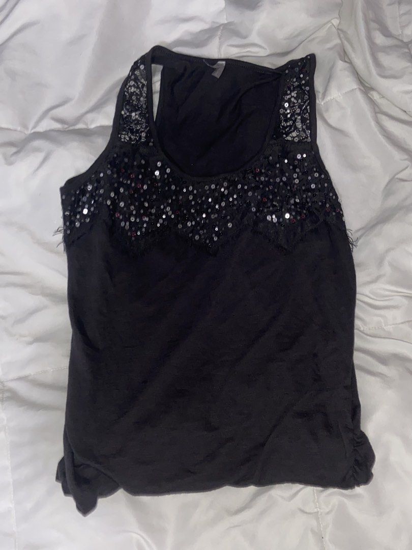 Grey Sequin Lace Tank Top (Category: Sleeveless) located in Marikina City. Submitted by scarkiv (Listing ID 1465935870, Image 1). Description: - Color: Black - Style: Sleeveless top with scoop neck and racerback straps - Details: Shiny silver sequins, delicate lace trim, and lace panel accents - Fit: Soft jersey fabric body with flattering gathered sides near the hem - Occasion: Great basic piece easily dressed up for parties or a night out - Con