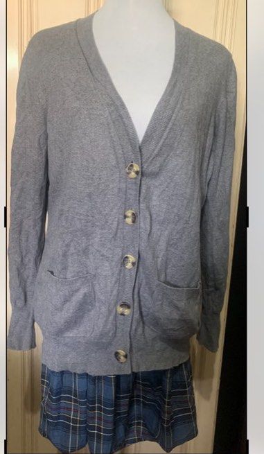 Grey V-Neck Button-Up Cardigan with Pockets (Category: Coats, Jackets and Outerwear) located in Quezon City. Submitted by clothingline4sale (Listing ID 1465898688, Image 1). Description: Gray Button Down Cardigan Very good condition/ like new Cut tag / Long Cardigan with pockets / Soft Fabric/ not itchy Size: large -xl Bust: 46-54” ; Length: 28” ; Arms Circumference: 16-20” Very nice in actual .