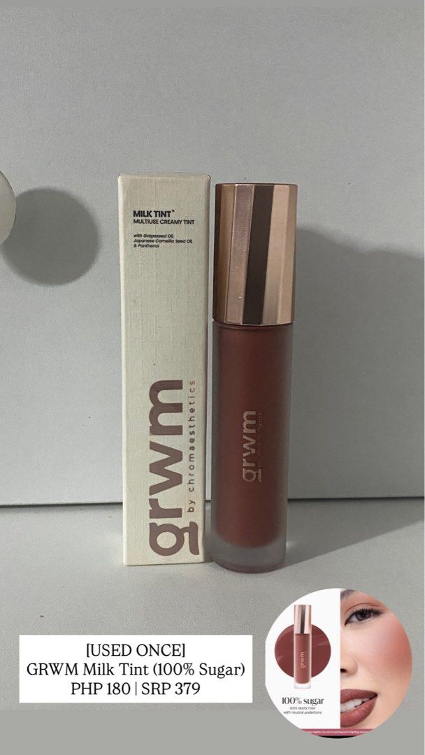 GRWM Milk Tint (100% Sugar) (Category: Makeup) located in Manila. Submitted by maeventures (Listing ID 1465902093, Image 1). Description: - Brand: GRWM - Product: Milk Tint - Shade: 100% Sugar (dark dusty rose with neutral undertone) - Condition: Swatched/used once, pristine packaging, original box included - Formula: Creamy, multi-use for lips, cheeks, and eyelids - Key Ingredients: Grapeseed Oil, Japanese Camellia Seed Oil, and Panthenol - Reta