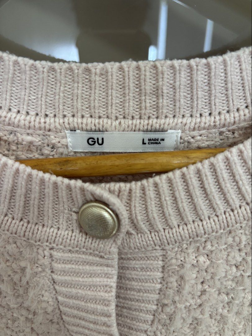 GU Knit Cardigan Pale Pink (Category: Coats, Jackets and Outerwear) located in Pasay City. Submitted by mommapauie (Listing ID 1465902141, Image 3). Description: - Brand: GU - Size: Large - Color: Pale Pink - Material: Textured fuzzy knit fabric - Details: Gold-toned front buttons, two front pockets - Trim: Ribbed crew neckline, cuffs, and hem -Bought in Japan (Used twice).