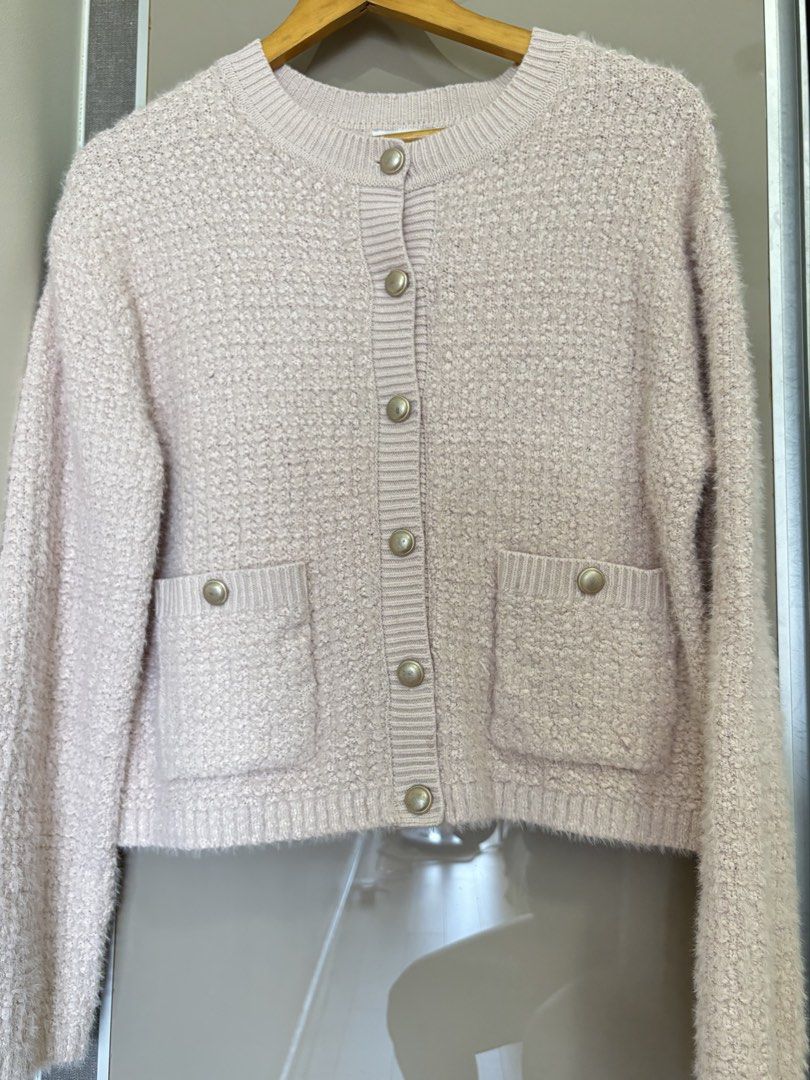 GU Knit Cardigan Pale Pink (Category: Coats, Jackets and Outerwear) located in Pasay City. Submitted by mommapauie (Listing ID 1465902141, Image 1). Description: - Brand: GU - Size: Large - Color: Pale Pink - Material: Textured fuzzy knit fabric - Details: Gold-toned front buttons, two front pockets - Trim: Ribbed crew neckline, cuffs, and hem -Bought in Japan (Used twice).