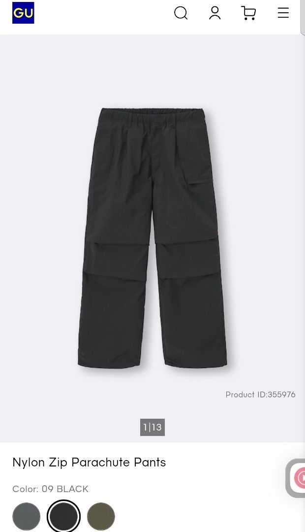 📍GU Nylon Zip Parachute Pants (Category: Trousers) located in Antipolo. Submitted by simplehans (Listing ID 1465892352, Image 1). Description: ‎📍GU Nylon Zip Parachute Pants ‎Size Medium (Black) ‎Waist- 28 to 34 ‎Length- 40 ‎Leg Open- 9 (Adjustable) ‎Excellent Condition As New ‎DIRECT MESSAGE IF INTERESTED.
