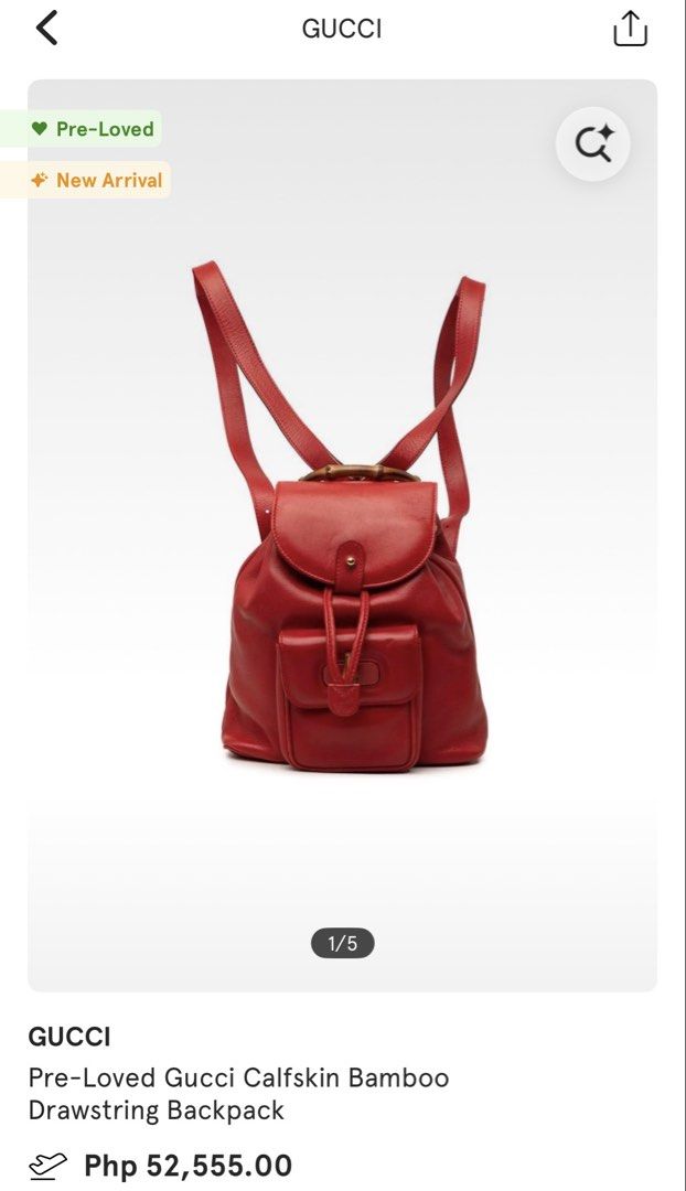 Gucci Calfskin Bamboo Drawstring Backpack Red (Category: Backpacks) located in Quezon City. Submitted by cndcvrtc (Listing ID 1465945877, Image 3). Description: Gucci red calfskin leather backpack. Bamboo top handle and front turn-lock pocket. Drawstring main closure with flap top and snap button. Adjustable red leather shoulder straps with gold-tone hardware. Classic vintage piece with rich red color and structured shape..