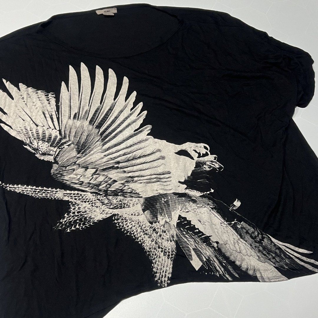 Helmut Black Eagle Print T-Shirt Size P/S (Category: Tshirts & Polo Shirts ) located in Caloocan City. Submitted by lostarchive_55 (Listing ID 1465915628, Image 2). Description: - Brand/Style: Helmut black t-shirt - Design: Large eagle graphic print on the front - Cut: Scoop neckline and relaxed short sleeves - Material: 80% modal, 20% nylon (Made in USA) - Size: P/S.