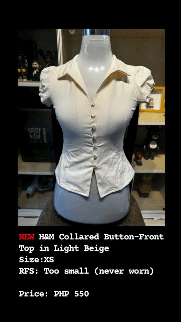 H&M Collared Button-Front Top in Light Beige Size XS (Category: Blouses) located in Manila. Submitted by nmjru (Listing ID 1465799542, Image 1). Description: - Brand: H&M - Color: Light Beige - Size: XS - Condition: Brand new with tags / fresh out of pack - Details: Collared, front button-down with mother-of-pearl style buttons, puff sleeves, and a flattering peplum waist - Reason for selling: Too small - Clean and ready for a new home.