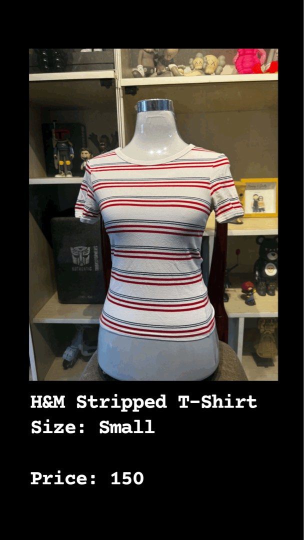 H&M Striped T-Shirt Size Small (Category: Shirts) located in Manila. Submitted by nmjru (Listing ID 1465799540, Image 1). Description: - Brand: H&M - Size: Small - Design: White base with red and dark navy blue horizontal stripes - Fit: Fitted cut with short sleeves and round neckline - Material: Soft ribbed cotton - Condition/Style: Great basic piece for everyday outfits.