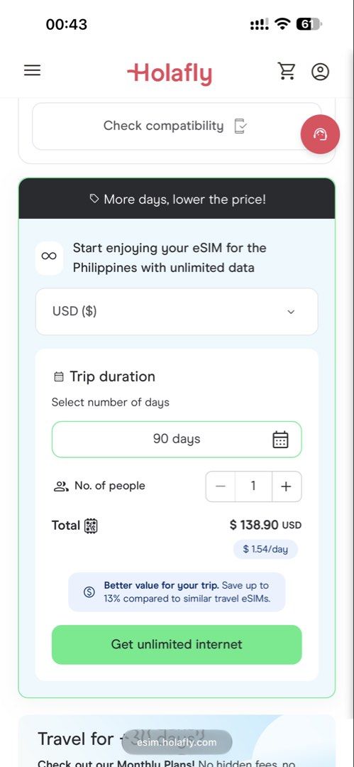 Holafly Philippines eSIM Unlimited Data 89 Days (Category: Sim Cards) located in Manila. Submitted by kerleehh (Listing ID 1465935876, Image 2). Description: - Destination: Philippines - Plan: Unlimited data for 89 days + 1GB backup plan - Network: Fast 4G LTE and 5G coverage - Condition: 100% unused digital QR code - Delivery: Instant transfer and easy installation.