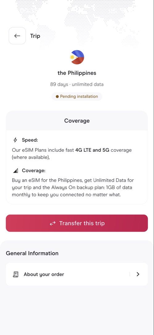 Holafly Philippines eSIM Unlimited Data 89 Days (Category: Sim Cards) located in Manila. Submitted by kerleehh (Listing ID 1465935876, Image 1). Description: - Destination: Philippines - Plan: Unlimited data for 89 days + 1GB backup plan - Network: Fast 4G LTE and 5G coverage - Condition: 100% unused digital QR code - Delivery: Instant transfer and easy installation.