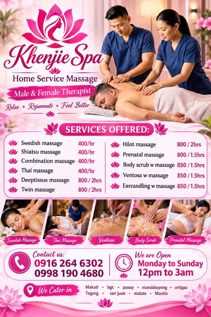 Home service massage Legit Therapist (Category: Beauty & Health Services) located in Makati City. Submitted by kenneth18400 (Listing ID 1375776835, Image 1). Description: We are offering A home service massage Metro manila We have male and female therapist available trusted and Legit therapist call at 09.16.26.46.302.