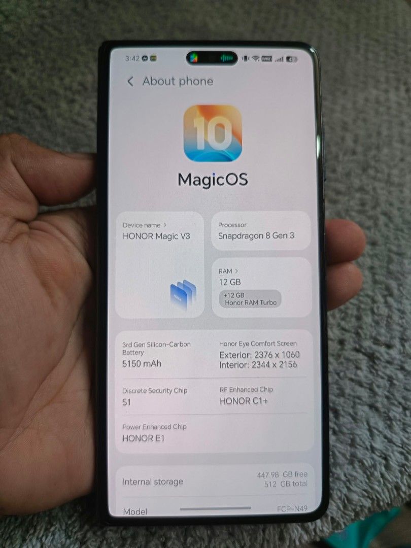 HONOR MAGIC V3 FOLD 512GB (Category: Huawei) located in Manila. Submitted by thegreatfones (Listing ID 1465342747, Image 2). Description: 97% Makinis 35k pa sa iba yan HONOR MAGIC V3 512GB NTC APPROVED OPENLINE MONSTER SPECS SAME NG S24 ULTRA BIG 5100MAH CARB SILC BATTERY FLAGSHIP SNAPDRAGON 8 GEN 3 FLAGSHIP TRIPLE 50MP OIS CAM 100X MOONSHOT /4K VIDEO SLIM BORDERS ALL FUNCTIONS WORKING MAY LINE LANG SA MAIN BIG SCREEN PERO LAHAT NA TOUCH PAREN Re