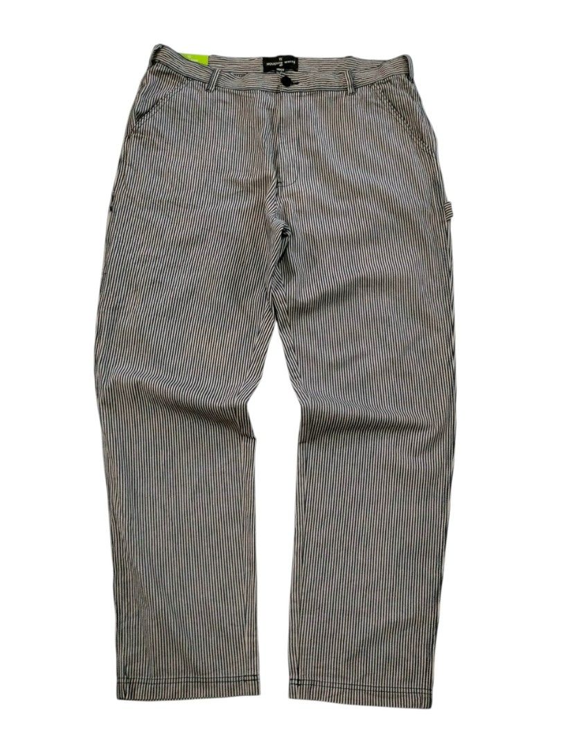 Houston White Hickory Stripe Carpenter Pants (Category: Jeans) located in Abucay. Submitted by naixrazion199x (Listing ID 1465838900, Image 2). Description: - Brand: Houston White - Style: Carpenter pants in classic blue & white hickory stripe - Size: Tagged 38x34 (Brand new with original paper tags) - Fit: Straight leg, heavy-duty cotton material - Features: Utility pockets and functional hammer loop - Measurements: ~18 inches across the waist, 