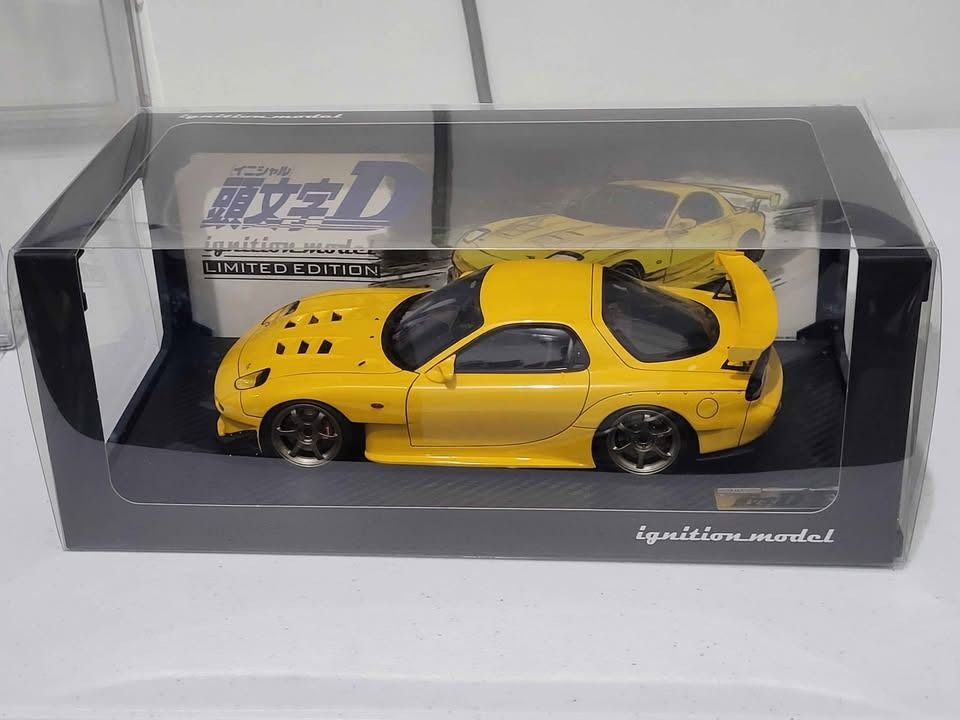Ignition Model Initial D Mazda RX-7 FD3S 1:18 Yellow (Category: Vehicle & Diecast Models) located in Pasig City. Submitted by hobbystuff07 (Listing ID 1465821152, Image 1). Description: Displayed in acrylic box Dirty card board banner back Meetups only at megamall, robinsons galleria, opus mall, sm east ortigas, greenhills.