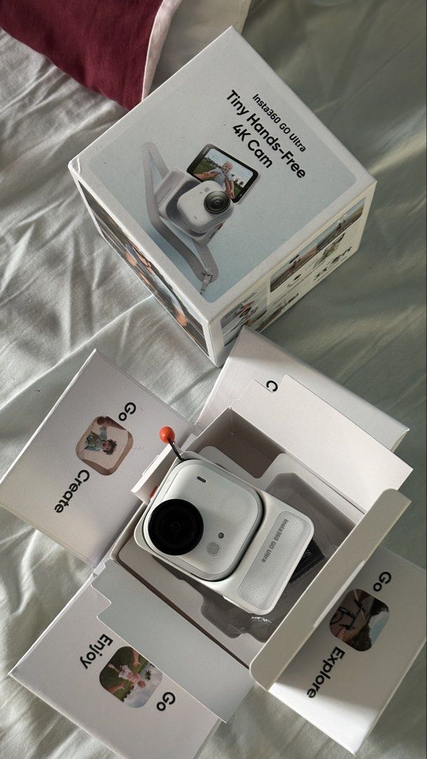 Insta360 GO Ultra Tiny Hands-Free 4K Cam (Category: Video Cameras) located in Manila. Submitted by kimmyn1996 (Listing ID 1465924965, Image 1). Description: RFS: Upgrading. Barely used. Price negotiable - Model: Insta360 GO Ultra tiny hands-free 4K camera - Colorway: White - Condition: Box opened once, inside packaging completely intact - Inclusions: Main camera unit, charging case, and accessories box - Ideal for: Vlogging and daily action shots
