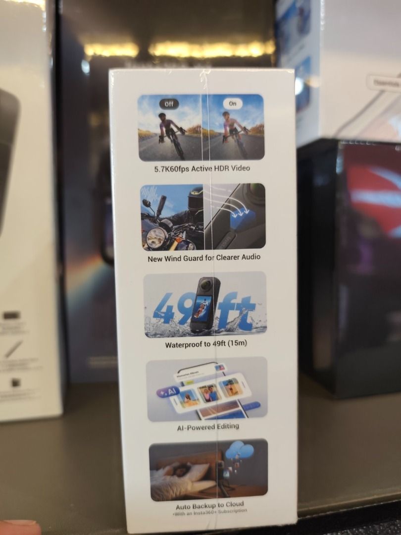 Insta360 X5 8K 360 Action Cam (Category: Video Cameras) located in Cavite. Submitted by jerickher83429 (Listing ID 1465807300, Image 3). Description: - Brand new, unopened packaging (100% untouched) - Stunning 8K resolution with dual 1/1.28 sensors and triple AI chip for superior low light - 5.7K 60fps Active HDR video for smooth, vibrant footage - Waterproof down to 49 feet (15 meters) - FlowState stabilization and 360-degree horizon lock - New 