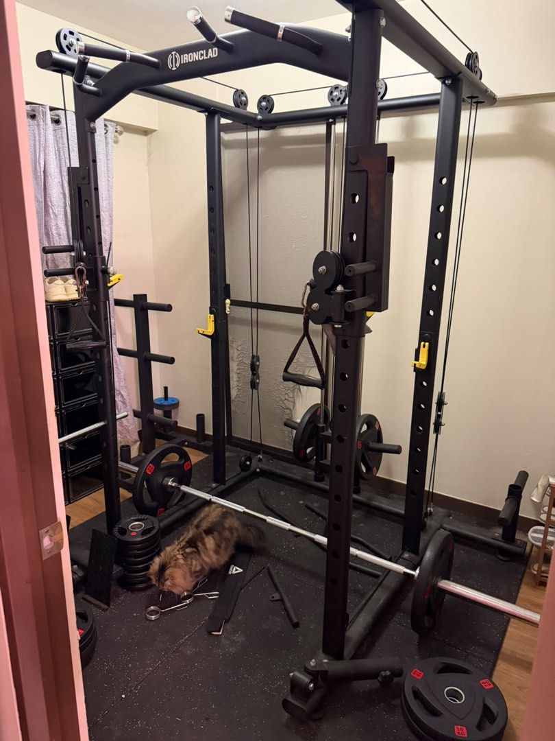 Ironclad IC9000 Powercage (Category: Weights & Dumbbells) located in Manila. Submitted by jonkakkee (Listing ID 1465847142, Image 1). Description: Dimensions: 220 × 170 × 145 cm (cage dimension) meanwhile the heavy duty floor mat is 85inch x 85inch. * IRONCLAD IC9000 Power Cage * ⁠Adjustable bench * Dual adjustable cable/pulley system * Multi-grip pull-up/chin-up handles * J-hooks / bar supports * Dip attachments * Plate-storage pegs * Olympic-ba