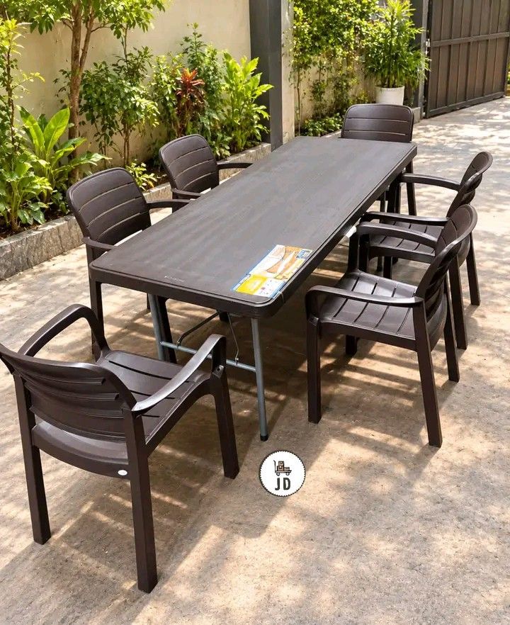 Italy Dining Set 6 Seaters (Category: Tables & Sets) located in Manila. Submitted by berdenmarl01688 (Listing ID 1465818653, Image 1). Description: - Set includes: 1 rectangular dining table and 6 matching armchairs - Color/Finish: Dark brown with elegant slatted design on the table top and chair backs - Legs: Sturdy metal folding legs for easy storage and transport - Condition: Excellent, very clean surfaces, original sticker still attached - Id