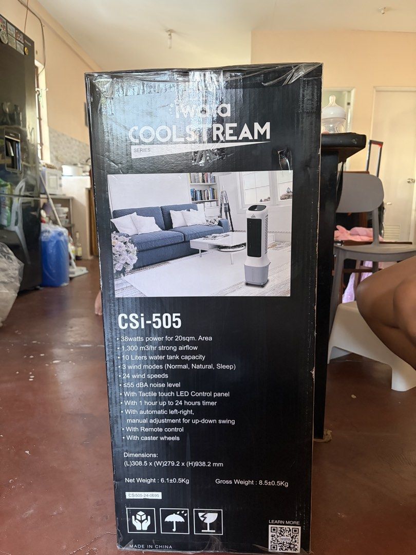 Iwata Coolstream CS-505 Slim Air Cooler (Category: Air Conditioning and Heating) located in Quezon City. Submitted by decluttrwithme (Listing ID 1465900815, Image 3). Description: - Brand: Iwata Coolstream CS-505 (White and Black) - Condition: Brand new, still inside the original box - Power & Coverage: 38W low energy consumption, covers up to 20sqm - Performance: 1,300 m3/hr airflow with a 10-liter water capacity - Features: 3 wind modes, 24 adj