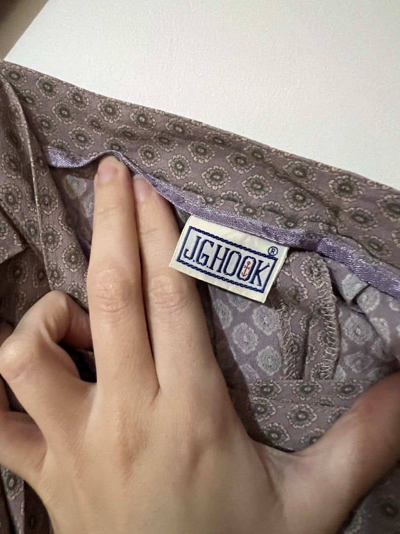 J.G. Hook Vintage Geometric Pattern Midi Skirt (Category: Skirts) located in San Juan, La Union. Submitted by jacquiqui (Listing ID 1465840179, Image 2). Description: - Brand: J.G. Hook - Style: Midi skirt with a high-waisted cut and gentle front pleats - Pattern: Muted purple and grey geometric print - Material: Lightweight, flowy fabric with clean inner lining.