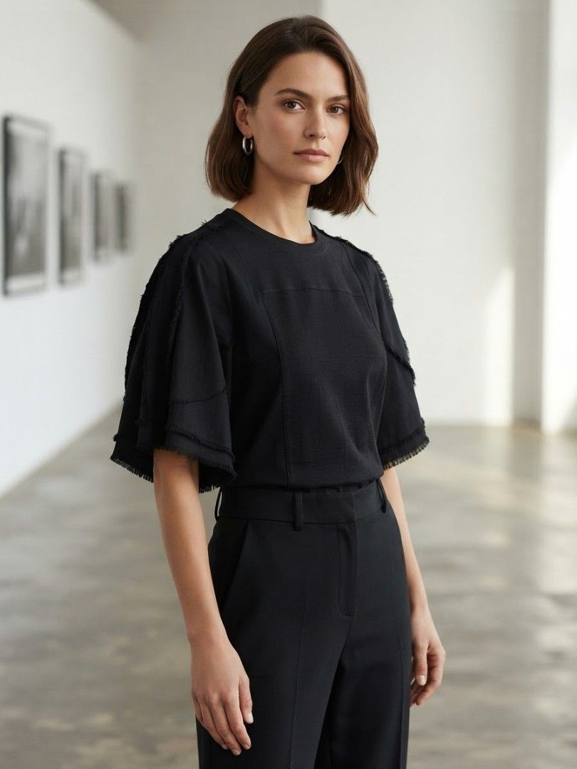 JNBY Black Puff sleeve blouse (Category: Blouses) located in Santa Cruz. Submitted by deenem (Listing ID 1465769301, Image 1). Description: Large on Tag Bust:19(38) inch Lenght:23 inch.
