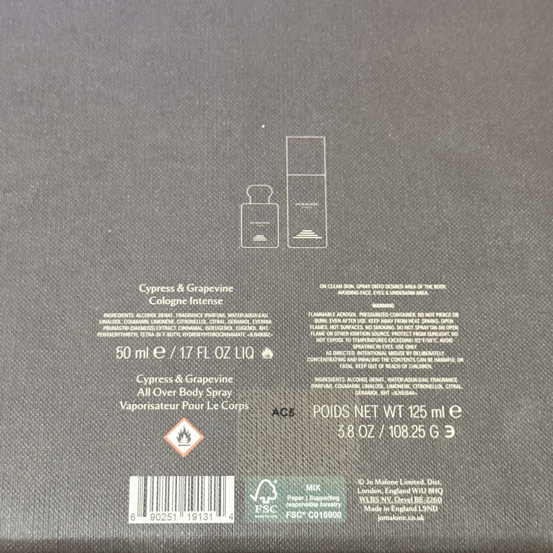 Jo Malone Cypress & Grapevine Cologne Intense Duo (Category: Fragrance & Deodorants) located in Caloocan City. Submitted by marizbg02 (Listing ID 1465944694, Image 3). Description: - Authentic Jo Malone London Cypress & Grapevine Duo Set - Includes 50ml Cologne Intense and 125ml All Over Body Spray - Sophisticated and long-lasting woody scent profile - Ideal gift option for men - Packaging is once opened but not used and still new and 100% authen