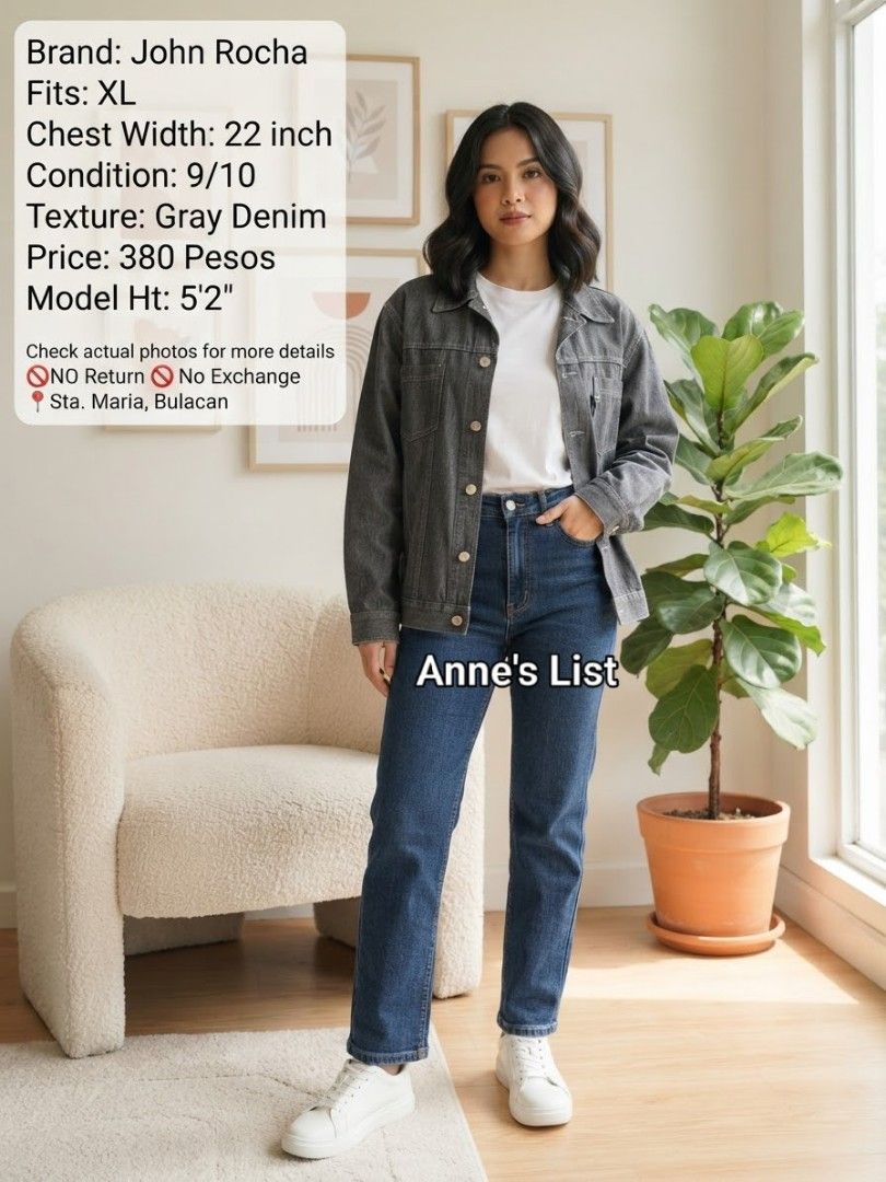 John Rocha Jeans Gray Denim Jacket Size L (Category: Coats, Jackets and Outerwear) located in Santa Maria. Submitted by anne_s.list (Listing ID 1465940486, Image 2). Description: - Brand: John Rocha - Color/Wash: Gray wash - Size: Tag L (Fits XL based on 22" chest width) - Features: Button-up front, chest pockets, side pockets - Condition: Clean fabric with sturdy stitching throughout - Model Reference: 5'2" tall - Location: Pickup available in S