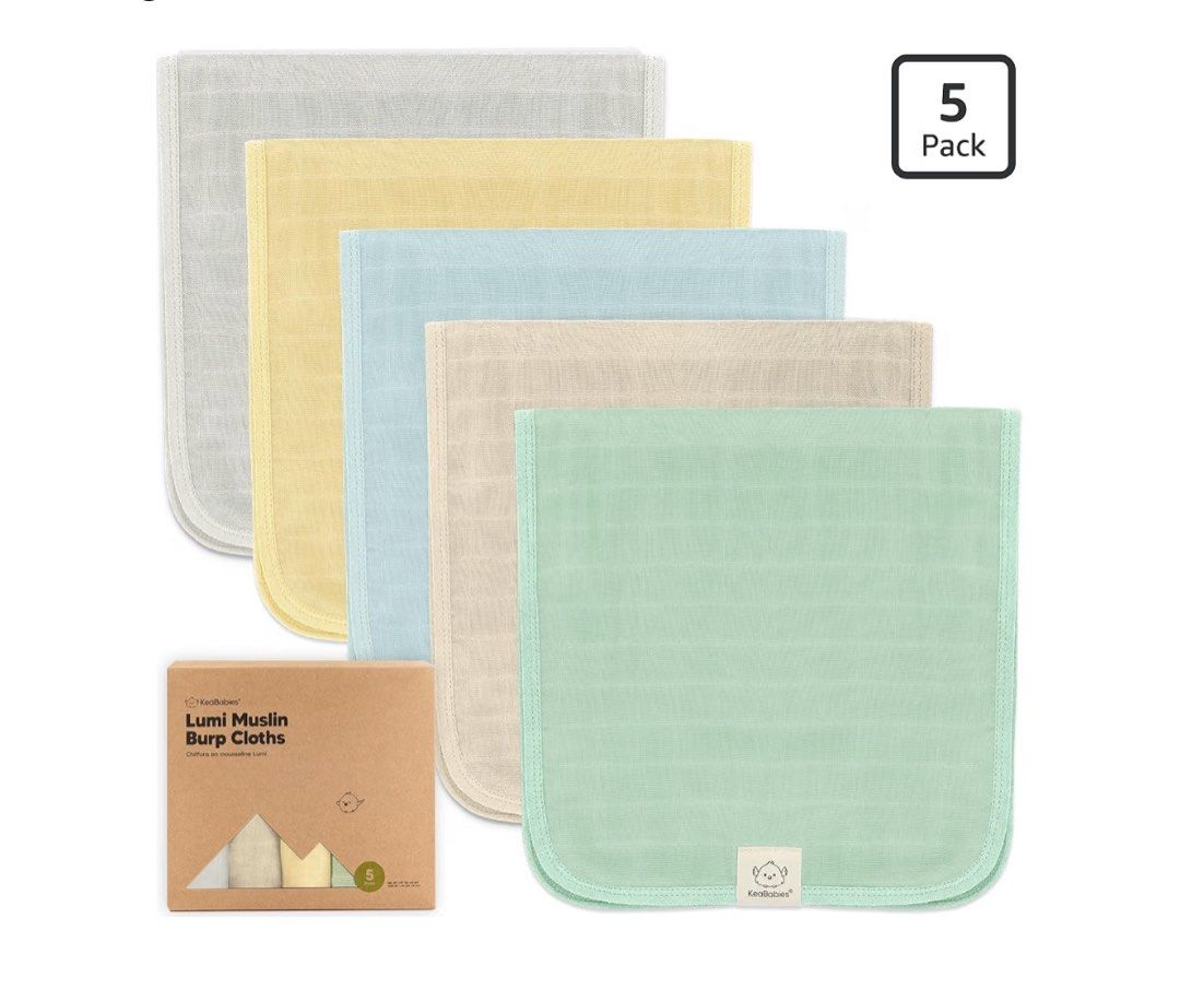 KeaBabies Muslin Burp Cloths 5 Pack (Category: Diapers & Baby Wipes) located in Manila. Submitted by cimpledimple (Listing ID 1465800673, Image 1). Description: BRAND NEW Rfs: too much burp cloth - Set of 5 assorted soft-colored burp cloths - Made from a premium bamboo viscose and organic cotton blend - Super absorbent for spit-ups and spills - Incredibly soft muslin texture, gentle on delicate baby skin - Beautifully packaged in a sustainable kr