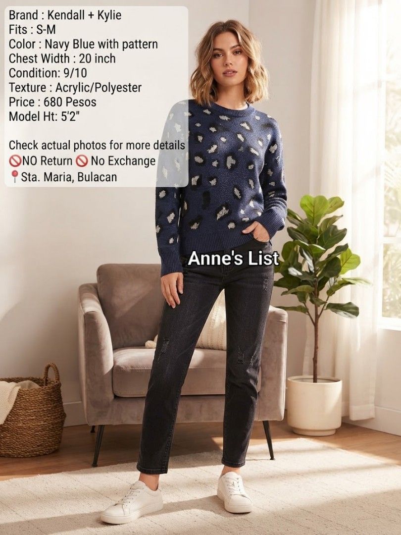 Kendall + Kylie Navy Blue Leopard Pattern Sweater S/M (Category: Coats, Jackets and Outerwear) located in Santa Maria. Submitted by anne_s.list (Listing ID 1465940618, Image 2). Description: - Brand: Kendall + Kylie - Color: Navy blue with all-over leopard pattern and metallic threading - Material: Acrylic and polyester knit - Size: Tagged S/CH (fits S to M comfortably) - Measurements: 20 inches chest width - Details: Crew neckline, long sleeves 