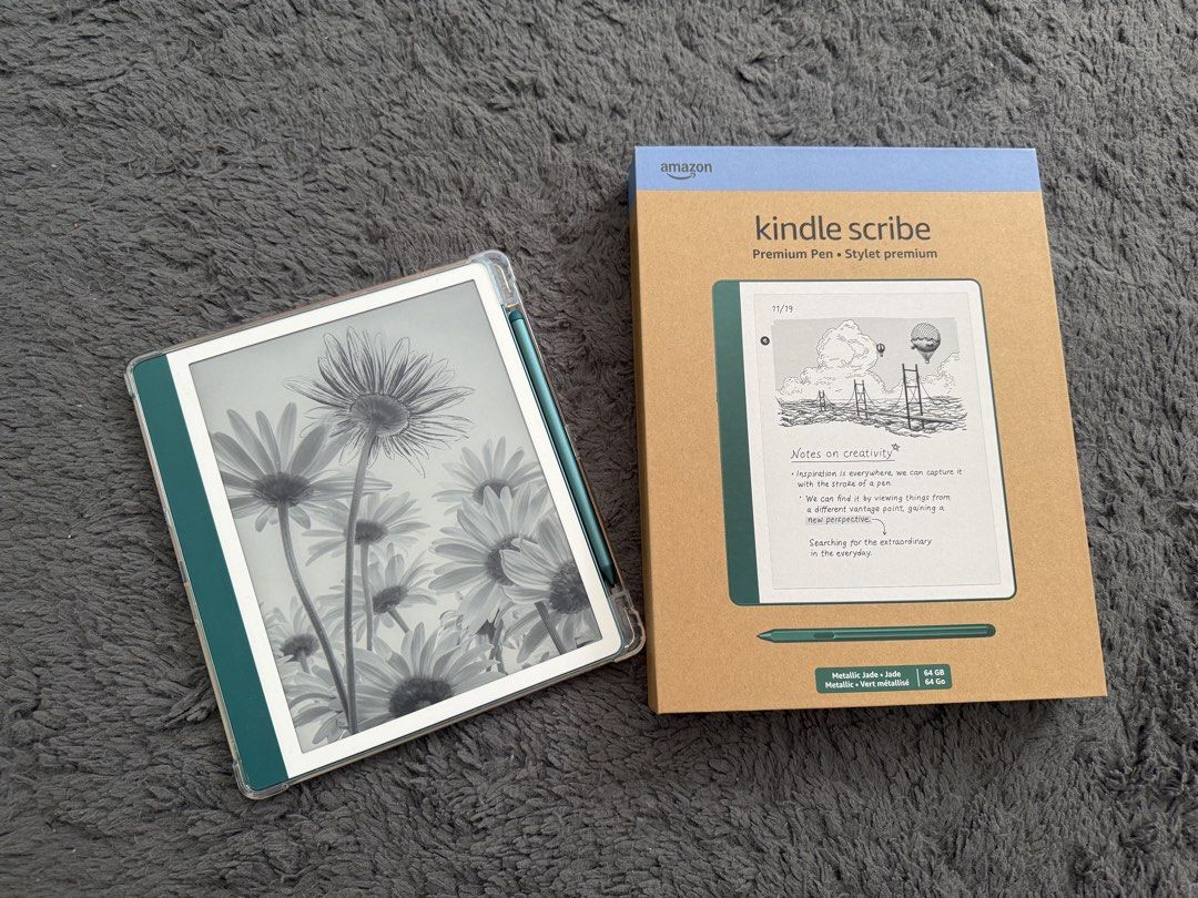 Kindle Scribe 2024 64GB (Category: E-Readers) located in Trece Martires City. Submitted by ineekaye (Listing ID 1465771890, Image 1). Description: Kindle Scribe 2024 64GB - Metallic Jade Kindle Scribe with redesigned display 10.2” glare-free display, 300 ppi Auto-adjusting front light sensor With box - purchased December 2025 from Amazon Comes with a Premium Pen 5 Pen tips replacement Unused original charger Slightly used - working 100% With very