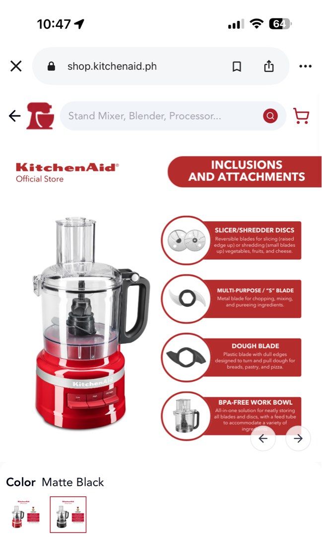 KitchenAid 7-Cup Food Processor (Category: Juicers, Blenders & Grinders) located in Paranaque City. Submitted by ferrewr (Listing ID 1465776587, Image 2). Description: - Authentic KitchenAid 7-cup food processor in matte black - Compact design ideal for daily kitchen meal prep - Includes multipurpose 'S' blade, dough blade, and 2 reversible slicing/shredding discs - Features easy lever controls (Low, High, and Pulse) - Smooth-running motor base -