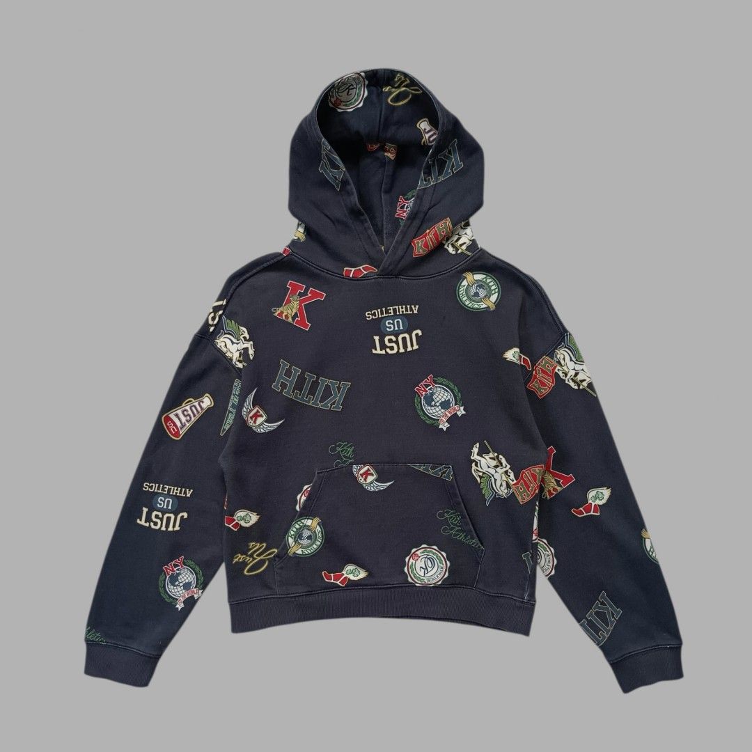 Kith multi-logo Hoodie Jacket (Category: Luxury Apparel) located in Davao. Submitted by thriftbuddy (Listing ID 1465888542, Image 1). Description: size XL (youth) width: 18.5" length: 20.5" verygood condition 8.8 colorate see photos for details still presentable to wear.
