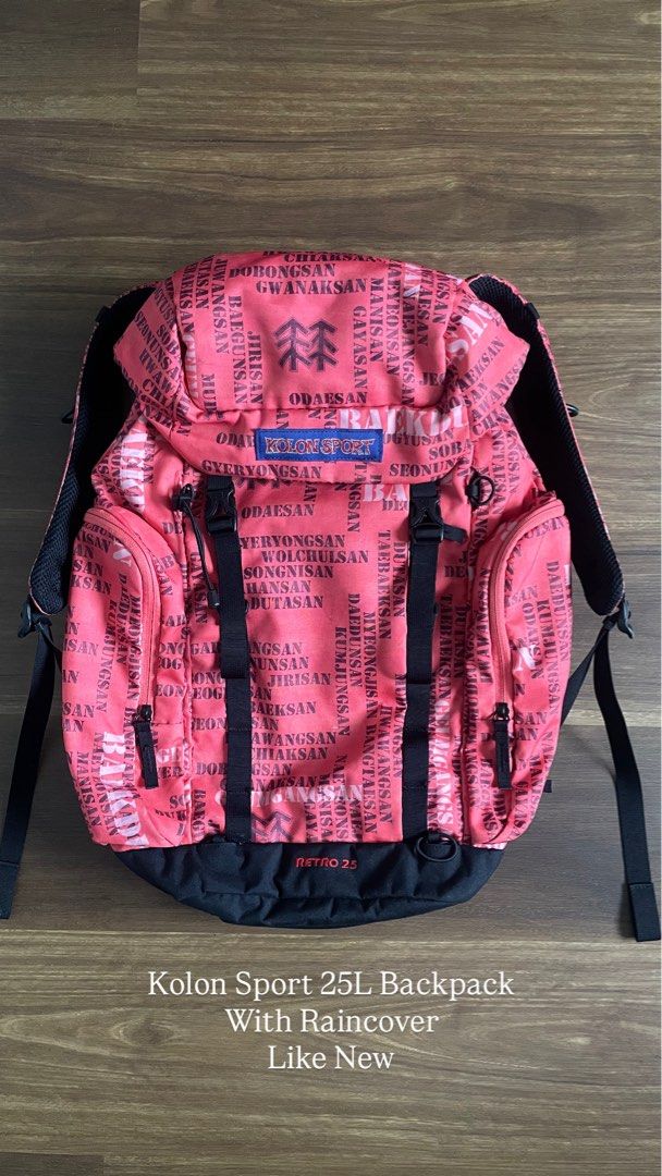 Kolon Sport Retro 25 25L Backpack (Category: Backpacks) located in Bacolod City. Submitted by jmcercado (Listing ID 1465926078, Image 1). Description: - Brand/Model: Kolon Sport Retro 25 Backpack - Color: Coral pink with all-over mountain name prints and black base - Capacity: 25 litres, ideal for day trips or hiking - Storage: Top flap pocket, side zippered pockets, and dual front straps with buckles - Extras: Built-in raincover included - Condi