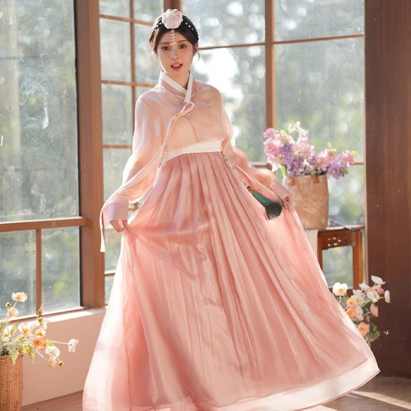 Korean Hanbok Costume rent only (Category: Sets or Coordinates) located in Quezon City. Submitted by zaraaaaaahhhhhh (Listing ID 1465792452, Image 1). Description: - Pink fusion hanbok set including sheer pink wrap skirt, white jeogori top, hairpieces, and hanging ornament - Condition: Worn once, clean, and no stains “Very nice in person—much prettier when worn!” 💕 - Sizing: Fits teens or petite adults - Beautiful and elegant Korean traditional 