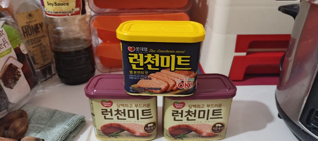 Korean Luncheon Meat Variety Bundle 3 Cans (Category: Packaged & Instant Food) located in San Pedro. Submitted by maddyme08 (Listing ID 1465948101, Image 1). Description: - 3 cans of sealed, unopened Korean luncheon meat - Includes: 1x Lotte Ham (yellow lid, 340g) and 2x Dongwon (maroon lid, 340g each) - Ideal for frying, stews, or homemade budae jjigae - Selling excess pantry items - Meetup or shipping options available.