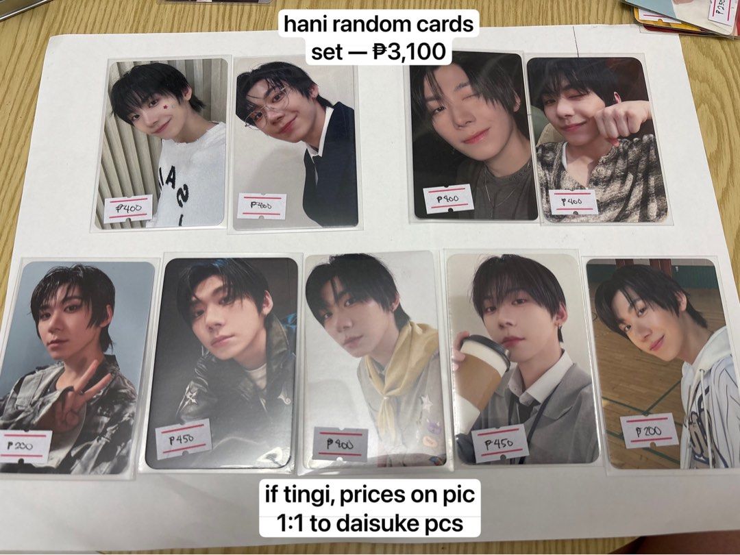Kpop Photocard Sets Steven Hani JL Daisuke (Category: K-Wave Merchandise) located in Manila. Submitted by kittyven (Listing ID 1465868111, Image 2). Description: - Official K-pop random photocards available as sets or tingi (individual purchase) - Set Prices: Steven (₱3,300), Hani (₱3,100), JL (₱1,800), Daisuke (₱4,000) - Individual card prices are marked on the photos - Tingi Rules: - Steven: Must purchase 2 or more pieces - Hani: Must be paired