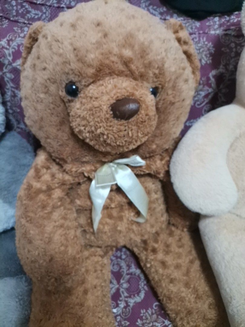 Large brown plush teddy bear with ribbon (Category: Plushies & Soft Toys) located in Makati City. Submitted by kookybearsstuff (Listing ID 1465800763, Image 1). Description: - Big and fluffy brown teddy bear - Super soft fur texture with a clean, stain-free fabric - Features dark plastic eyes and a cute brown embroidered nose - Adorned with a neatly tied cream-colored ribbon around the neck - Great size for hugging, cuddling, or cute room decor.