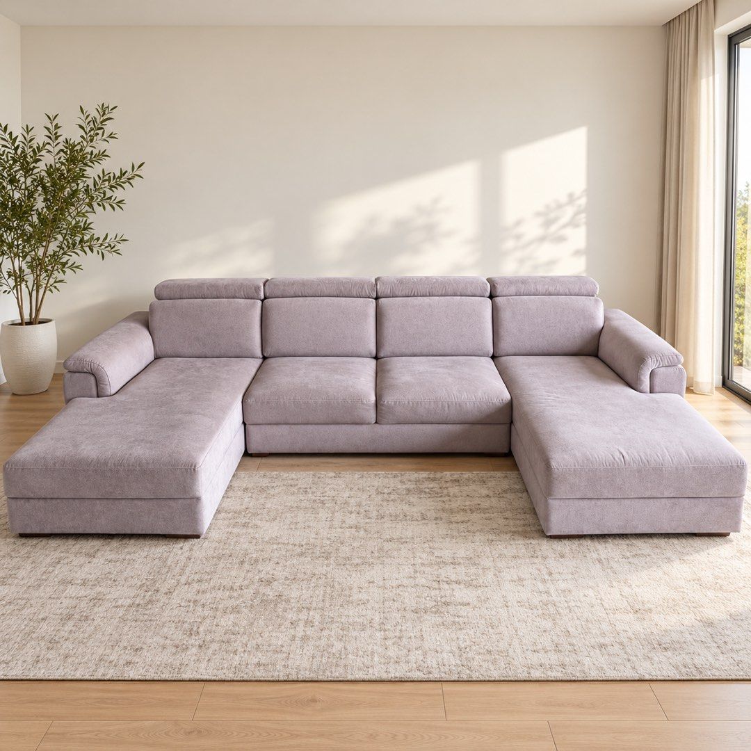 Large U-shaped velvet sectional sofa with headrests (Category: Sofas) located in Caloocan City. Submitted by alyonak (Listing ID 1465855757, Image 1). Description: Large Modular U-Shaped Sofa – ₱30,000 Spacious, comfortable sofa in very good condition. • Overall size: 330 × 160 cm • Three separate sections, easily moved and rearranged — they are not attached to each other • All headrests are adjustable • Modern design with soft, light-grey uphols