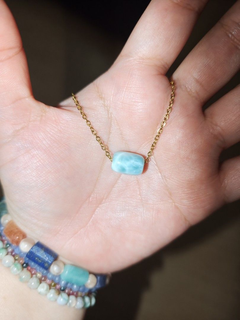 Larimar Barrel Necklace Natural Crystal (Category: Necklaces) located in Quezon City. Submitted by piaoliangcollections.ph (Listing ID 1465781547, Image 3). Description: Get this piece,add to your daily lucky charm. From Dominican Republic Larimar provides emotional calm, clear communication, and relief from stress or anxiety. Emotional and Mental Benefits Emotional Cooling: Helps cool rapid anger, panic, and reactive behavior. Anxiety Relief: Ca
