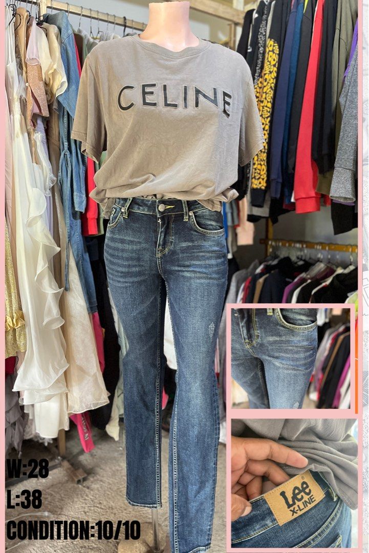 Lee X-Line Denim Jeans Size 28 (Category: Jeans) located in Brookes Point. Submitted by grandfish.2f86fc (Listing ID 1465765925, Image 1). Description: - Brand: Lee X-Line - Style: Dark blue wash, mid-rise, fitted hips with slight flare hem - Details: Classic 5-pocket styling, contrast yellow stitching, leather back patch - Size: W28 L38 - Condition: Great everyday denim, easy to style with tees or sweaters.