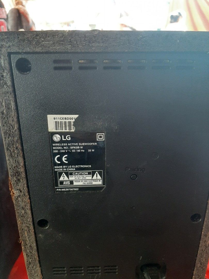 LG Subwoofer Speaker Black (Wireless) (Category: Soundbars, Speakers & Amplifiers) located in Manila. Submitted by villamante56249 (Listing ID 1465761018, Image 2). Description: - Authentic LG subwoofer box in classic black - Black fabric grille with silver LG logo - Power cable attached and ready to use - Perfect for enhancing TV and music sound - Minor exterior scuffs on wood frame from normal use.