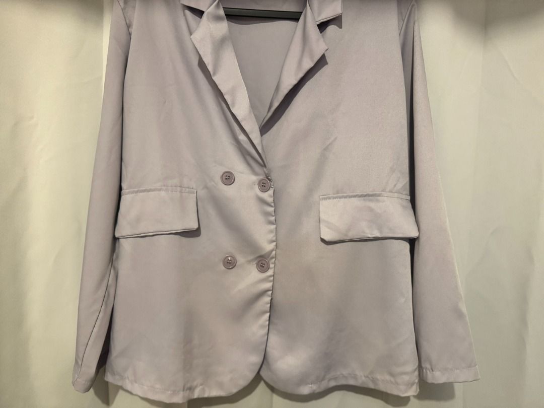 Lilac Double-Breasted Blazer Jacket | Fits M to L (Category: Coats, Jackets and Outerwear) located in Makati City. Submitted by autumn.latte (Listing ID 1465895399, Image 3). Description: ♡ Perfect for chilly office/school days or chic airport layer - Color: Lilac - Fit: Relaxed, lightweight, and easy to layer - Style: Double-breasted front with matching buttons, lapel collar, and long sleeves - Best for: Smart casual wear or office outfits - RFS