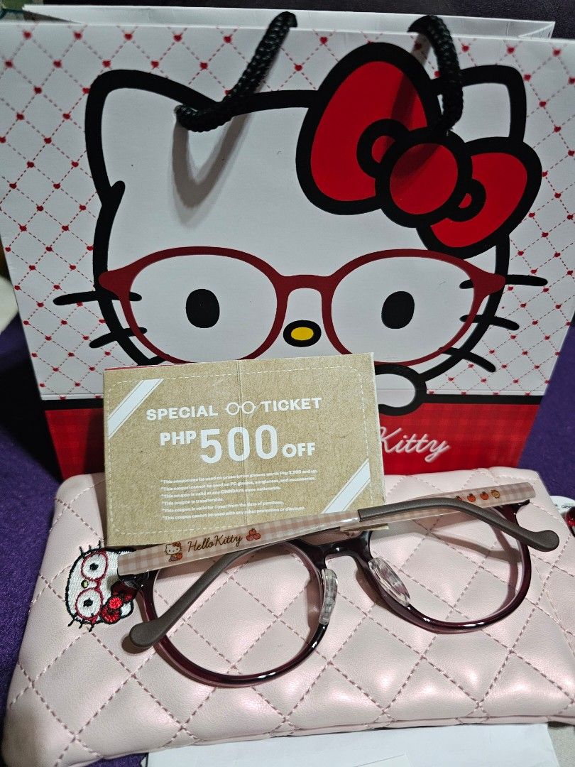 Limited Edition Hello Kitty x Owndays Eyewear Eyeglass (Category: Sunglasses & Eyewear) located in Manila. Submitted by onlinesmartshopping12 (Listing ID 1465779307, Image 2). Description: new not used with 500 peso voucher eyeglass case paperbag receipt not fitting my face limited edition no haggling last price posted.