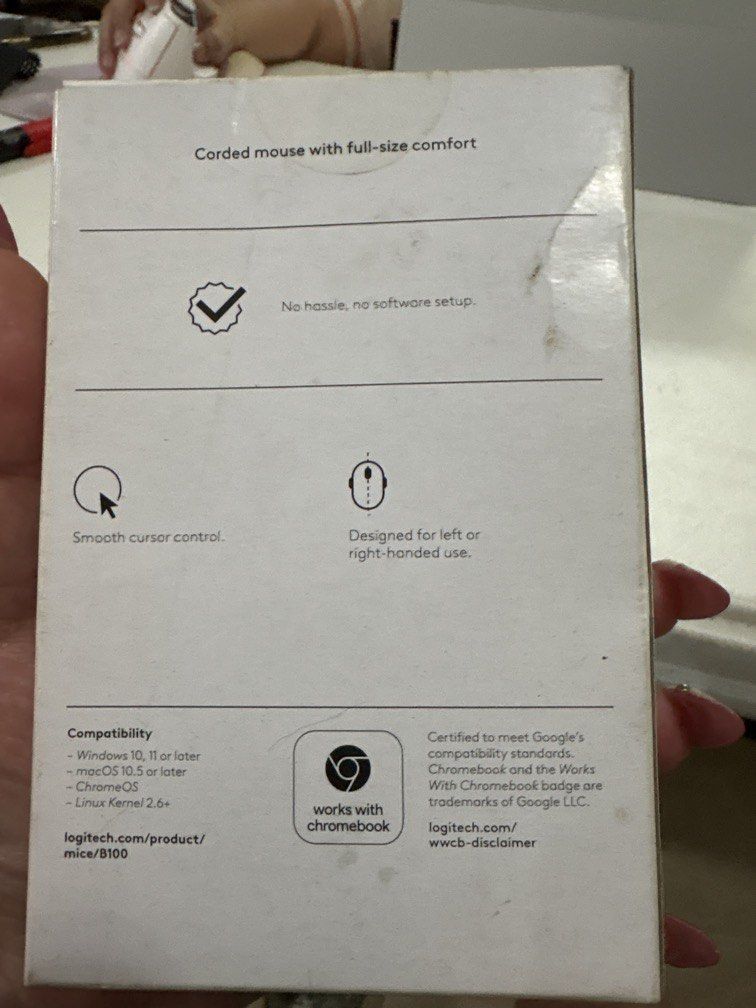Logitech wired mouse (Category: Mouse & Mousepads) located in Paranaque City. Submitted by shopofashopaholic (Listing ID 1465839426, Image 3). Description: Logitech wired mouse B100 Sealed in box.