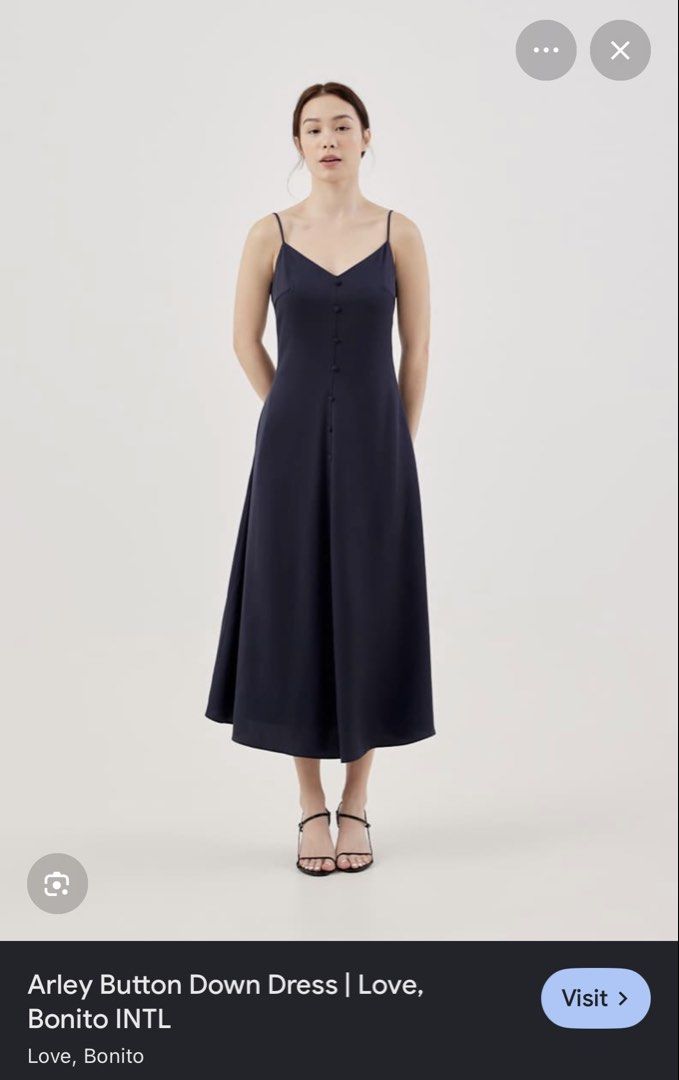 Love, Bonito Arley Button Down Dress Navy (Category: Dresses) located in Mandaluyong City. Submitted by earthtojanne (Listing ID 1465938728, Image 1). Description: - Brand: Love, Bonito - Style: Arley Button Down Dress - Color: Navy Blue - Size: LB XS / UK 6 / US 2 - Design: V-neckline with thin spaghetti straps, front button closure, midi length - Condition/Vibe: Clean, minimalist style that is easy to dress up or down.