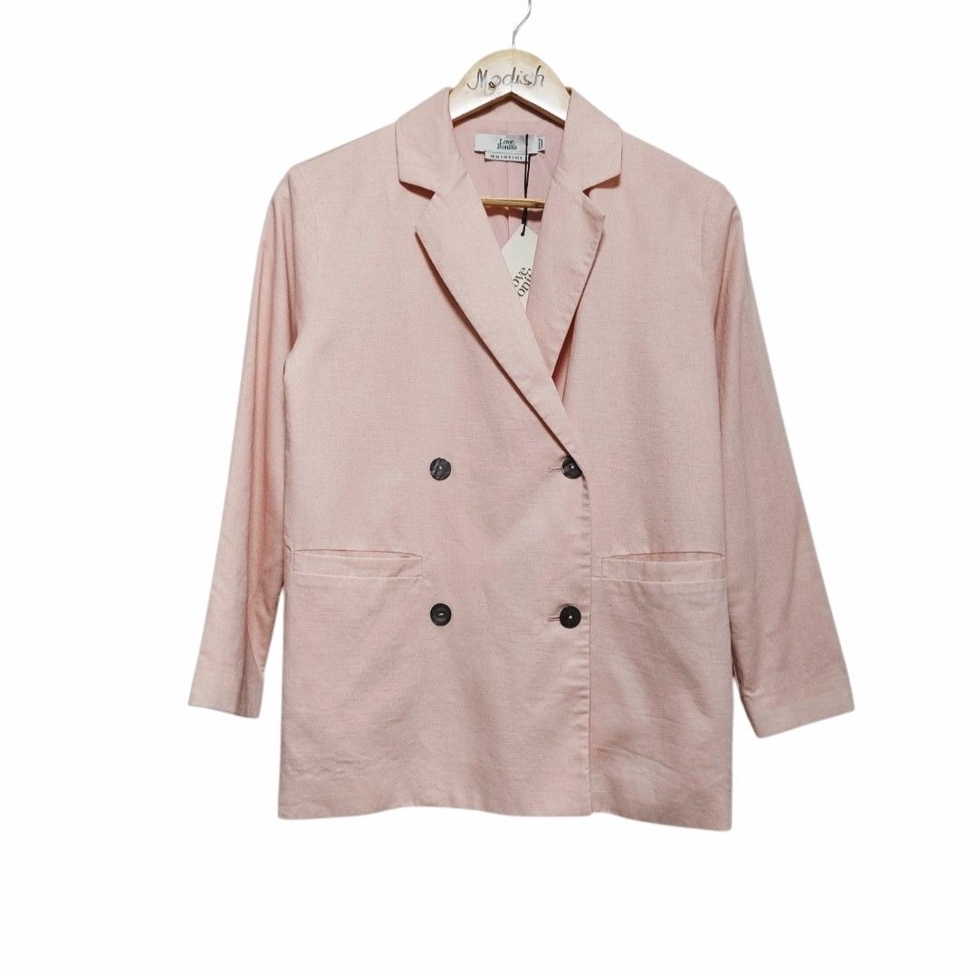 LOve Bonito Pastel Pink Blazer (Category: Coats, Jackets and Outerwear) located in Caloocan City. Submitted by modishthriftstore (Listing ID 1465785830, Image 2). Description: Love Bonito light pink /peach Linen Blazer* with Lining* ❤XS on tag, best fit Medium S:16 B:19 (35-38) W: 15 inches width (29-30) L:26 loc: North Caloocan.