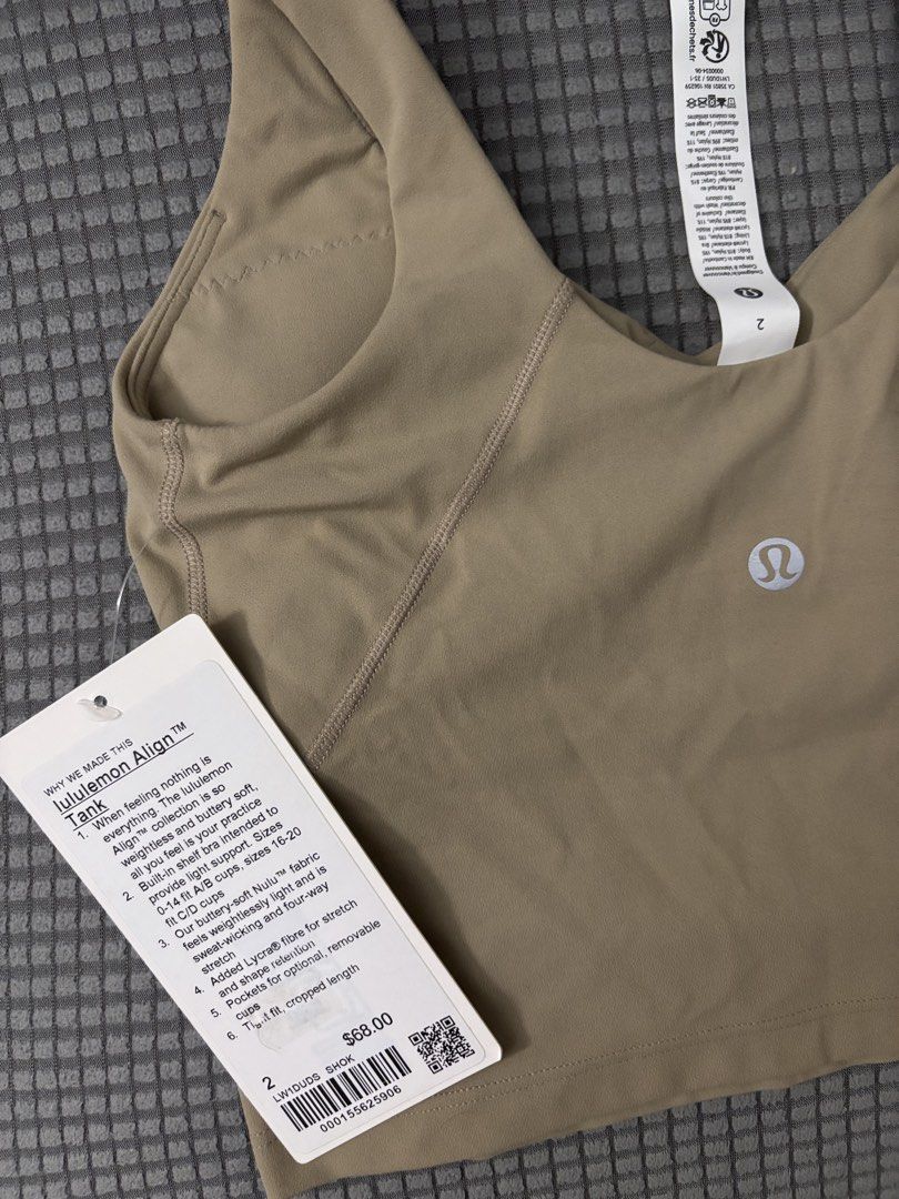Lululemon Align Tank Size 2 bra top (Category: Sleeveless) located in Quezon City. Submitted by mpgs18 (Listing ID 1465945677, Image 3). Description: RFS: gifted to me ETA from Canada: Oct 25, 2026 - Brand: Lululemon - Style: Align Tank Top - Color: Smoked Oak - Condition: Brand new with original tags attached (BNWT) - Fabric: Buttery-soft Nulu™ - Features: Built-in shelf bra with removable cups, cropped length, tight fit - Retail Price: $68 - Gu